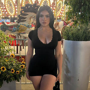 Combinaison courte skinny noire sexy à col en dentelle, combinaison élégante et solide pour femmes, combinaison une pièce, vêtements d'entraînement - Product Image 2