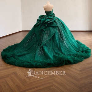 Rsm261029 Stunning Strapless Sweetheart Glitter Sequin Tulle Bow Ruffle Emerald Green <b>Ball</b> <b>Gown</b> Quinceanera Dress Jancember - Product Image 2