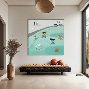 Paws At Tide – Impression sur toile minimaliste avec cadre, scène de plage pour chien, art animalier contemporain, décoration murale intérieure - Product Image 1