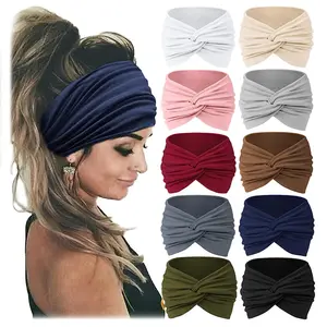 Venta al por mayor Boho Imprimir Deportes Yoga Diadema elástica Turbante Cruz ancha Diadema trenzada para las mujeres