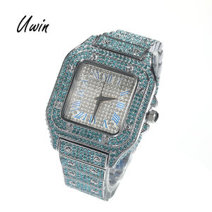 2025년 핫 세일 블링블링 풀 핑크 블루 다이아몬드 사각형 시계 럭셔리 남녀 래퍼 시계 - Product Image 1