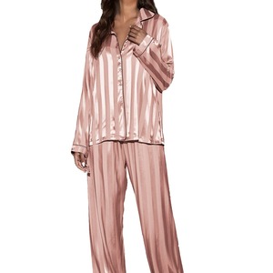 Set di Loungewear con Logo personalizzato autunno inverno rosa con bottoni larghi a righe tinta unita a manica lunga pigiama Casual da <span class=keywords><strong>donna</strong></span> a righe a 2 pezzi - Product Image 3