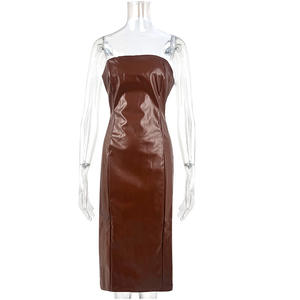 Lady Eco-Friendly Faux Leather Midi Dress Women's Bodycon Tight Dresses Plain Dyed Natural Waistline Lavable PU Leather <span class=keywords><strong>Latex</strong></span> - Product Image 4