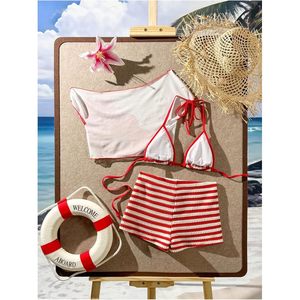 FOXA Women's 3 Piece <b>Bikini</b> Set Striped Triangle <b>Boyshort</b> High Waisted Swimwear With Drawstring Halter Top - Product Image 3