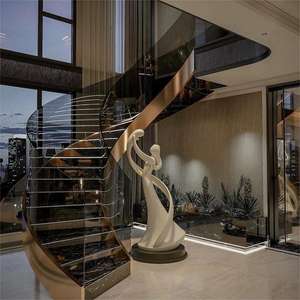 Современная Роскошная изогнутая стальная лестница индивидуальная мраморная лестница со стеклянным ограждением для квартиры - Product Image 1