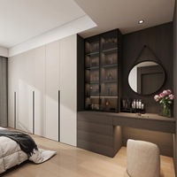 Dressing élégant à deux tons avec porte en verre cintrée, éclairage LED, zone de rangement zonée, style d'intérieur