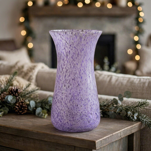 Vase de table en verre design industriel moucheté violet, récipient décoratif pour compositions florales, centre de table pour salon et salle à manger - Product Image 1