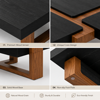 Table basse carrée de luxe moderne en bois noir et naturel superposé pour villa, hôtel, salon ou projet
