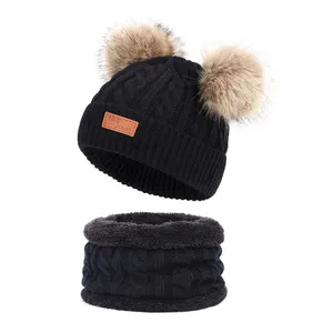 2021 stylish high quality pom pom black knitted kids beanie scarf set wholesale