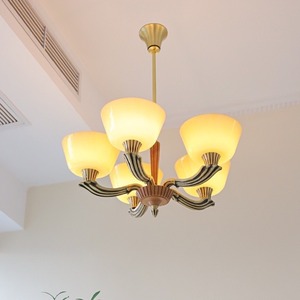 Lustre en verre et cuivre de style rétro français vintage américain, lumière de luxe pour le hall d'entrée, salle à manger, style bois naturel, lampes suspendues - Product Image 5