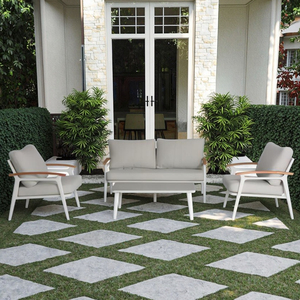 Juego de sofás de aluminio de lujo de 4 Uds., elegante jardín, Patio, cojín grueso de Metal para exteriores, cojín impermeable lavable, reposabrazos de teca para Hotel - Product Image 4