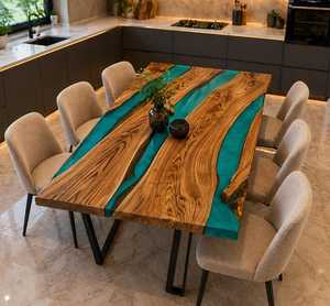 Table à manger moderne en bois et résine époxy, meubles de luxe faits à la main, design en bois naturel et résine, meubles de salle à manger personnalisés pour la maison - Product Image 5