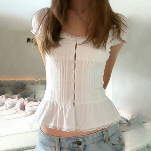 Lace-trimmed Buttons puff sleeves pleated waist detail slim-fitting white summer shirt for young women - Product Image 6