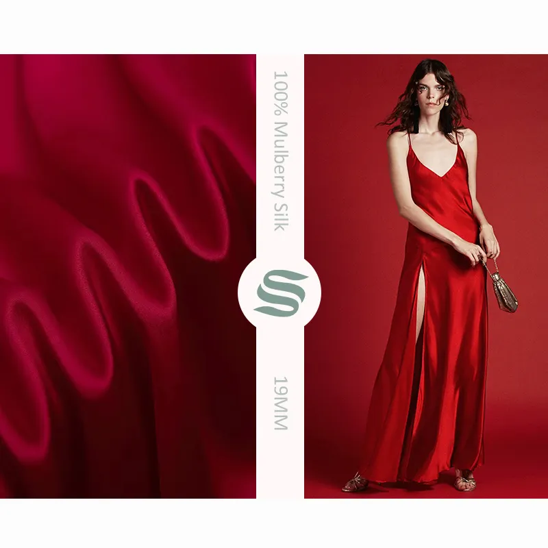 Tela de seda 100% pura de morera, satén rojo suave y brillante para vestidos de mujer