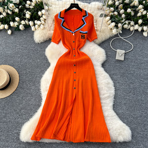 Vestidos Casuales de Punto para <span class=keywords><strong>Mujer</strong></span>, Cuello Polo, Manga Corta, Combinación de Colores, Verano - Product Image 1