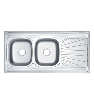 Évier de cuisine double bac en acier inoxydable SUS 304 sur mesure de haute qualité, à encastrer, chromé, avec égouttoir inclus - Product Image 2