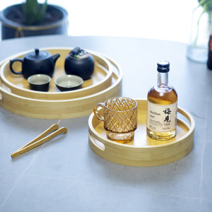 Bamboo <b>Round</b> Tea Tray With Teacup And Bottle Holder For Dining <b>Table</b> Asian Zen Style Simple Design - Product Image 1