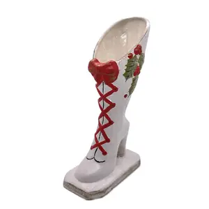 高跟鞋形状陶瓷圣诞靴花瓶，手绘系带靴，破裂但有趣