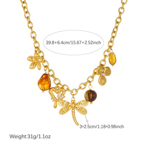 Collana con Ciondolo in Acciaio Inossidabile con Pietra Marrone, Libellula, Fiore, Cuore, Placcata Oro, Gioielli alla Moda Anti-Appannamento - Product Image 5
