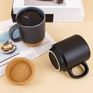 Contoh Gratis 350ml Mug kopi keramik dasar gabus Mug keramik bambu dengan Logo khusus