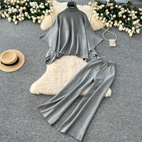 Nouveau Simple couleur unie décontracté col haut tricoté haut + taille haute jambe large pantalon lumière luxe soeur ensemble femme hiver