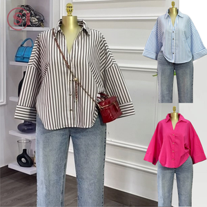 HK72888 Chemises d'Été Personnalisées pour Femmes, Blouses Élégantes à Manches Longues et Col Polo, Rayées Bleues, Coupe Ample - Product Image 1