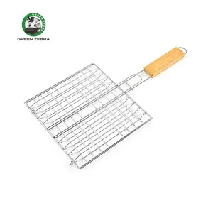 Manufacturer Supply Stainless Steel Grid Hamburger Barbecue Net Outdoor Camping Metal BBQ Wire Mesh with Wood Handle