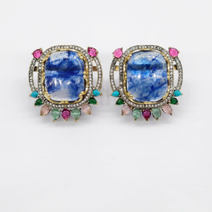 Boucles d'oreilles clous 07716, plaquées Mehandi, en laiton avec pierre double en zircone cubique, pour femme, pour mariage et fête - Product Image 1