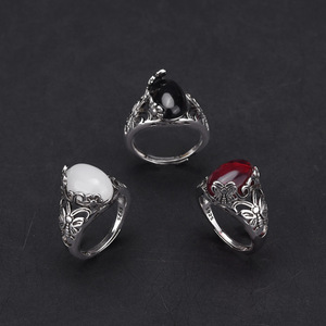 Retro Flower Butterfly <b>Ring</b> Women's Silver Tone Inlaid White Agate Carnelian <b>Crystal</b> Open Style Index Finger Jewelry Gift - Product Image 1