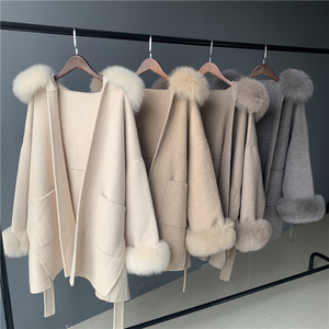 Custom Fuzzy Fur <strong>Hood</strong> Double Faced Woolen <strong>Coat</strong> Belt Soft Winter Fluffy Big Real Fox Fur Collar Cuffs Luxury <strong>Wool</strong> <strong>Coat</strong> for Women - Product Image 2