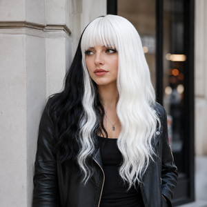 Perruque synthétique noire et blanche longue, ondulée, bouclée, <span class=keywords><strong>avec</strong></span> <span class=keywords><strong>frange</strong></span>, résistante à la chaleur, en fibre haute température, <span class=keywords><strong>avec</strong></span> racine naturelle, directement de l'usine - Product Image 6