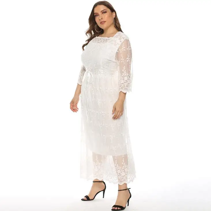 Dress Maxi Renda Wanita, Gaun Ukuran Plus Pernikahan Elegan Lengan Panjang Mode Musim Semi
