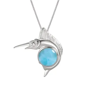 New 925 Sterling Silver SeaLife Necklace Jewelry Natural Larimar Bird Pendant