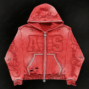 Sudadera con Capucha de Invierno para Hombre, Personalizada, OEM, Impermeable, Cortavientos, 100% Algodón, Forro Polar, Bordada, 370g, Talla Grande, con Cremallera y Remaches de Diamantes de Imitación - Product Image 3