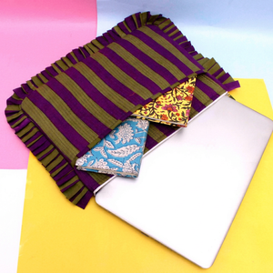 Sac pour ordinateur portable en coton rayé fait main, style volanté, fermeture éclair latérale, minimaliste, écologique, grande capacité, pour le bureau - Product Image 1