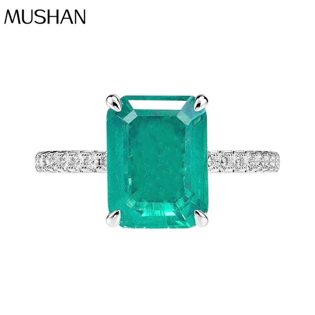 MuShan Jewelry Factory 8 * 10mm Rectangular Chamfered Simulated Emerald Green Pure Silver Emerald Ring