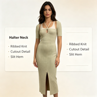 Robe en maille côtelée bleue fendue à manches courtes pour femme, qualité supérieure, sur mesure OEM & ODM, vente en gros - Ashley Madi