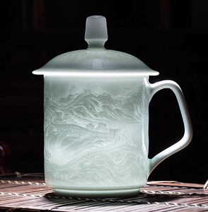 Taza de Porcelana de Jingdezhen con Relieve Chino, Color Verde Sombra, para Hogar u Oficina, de Alta Gama, Gran Capacidad, con Caja de Regalo para Personas Mayores - Product Image 1
