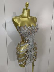 <span class=keywords><strong>Robe</strong></span> mini transparente sexy sans bretelles Shining Diamond pour femmes, soirée, anniversaire, boîte de nuit, danseuse, performance, costume de scène - Product Image 5