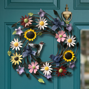 Corona Floral Metálica Hecha a Mano, Redonda, Rústica, Decorativa, con Flores y Pájaros, Sin Iluminación, Paquete Individual - Product Image 3