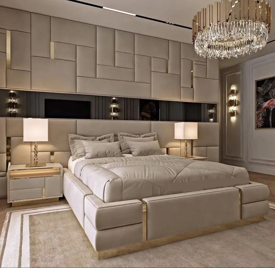 カスタマイズイタリアの最新の高級ベッドルーム家具ハイエンドレザーダブルベッドビッグトールヘッドボードラグジュアリーモダンキングサイズベッド