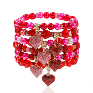 Heart Shape Acrylic Beaded Elastic Bracelet Set For Couple Valentine's Day Jewelry Multi Layer <b>Red</b> Pink <b>Glitter</b> Charm Bracelets - Product Image 1
