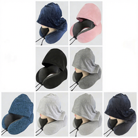 Oreiller de voyage à capuche en velours, soutien cervical en mousse à mémoire de forme en forme de U avec cordon de serrage réglable pour avion et bureau