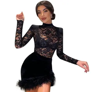 Europe&America autumn sexy wrap buttock lace stitching suede fluffy dresses black see-through spice girl short dress for women