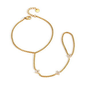Bracciale da dito J&D in acciaio inossidabile placcato oro 18 carati, delicato quadrifoglio con zirconi bianchi, gioiello classico da donna. - Product Image 6