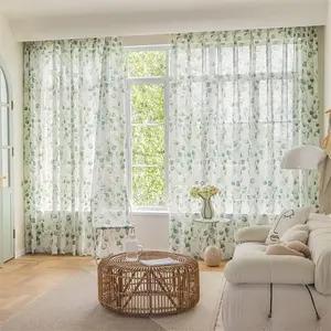 Полупрозрачные шторы с зелеными листьями, льняные текстурированные тюлевые занавески для спальни, гостиной