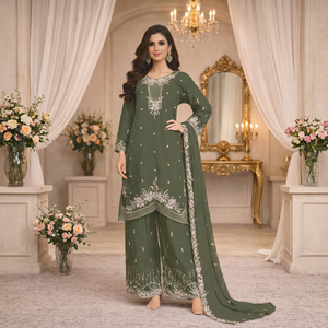 Conjunto de Salwar Kameez Sharara Bordado en Verde Oliva, Traje Pakistaní de Chifón con Dupatta para Bodas y Fiestas - Product Image 1