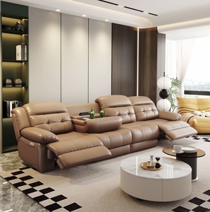 Solid Oak First Class Leather Luxury Functional Home Theater Relaxation Space Chesterfield Sectional Reclining Square Set Sofa - Product Image 1