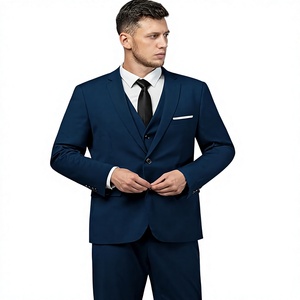 Traje de 3 Piezas para Hombre, Azul Marino, Estilo Británico, Antiarrugas, Blazer, Chaleco y Pantalones, Cuello de Solapa, Cierre de un Botón, Formal de Negocios - Product Image 1