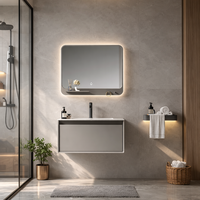 Meuble-lavabo mural flottant moderne sur mesure, tons neutres, avec miroir, étanche, rectangulaire